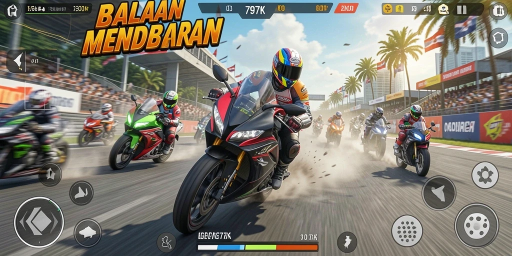 Tangkapan layar menunjukkan aksi balapan motor yang seru.