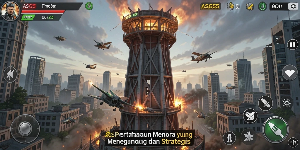 Screenshot ASG55 menunjukkan aksi mendebarkan dalam menara pertahanan dengan strategi yang cerdas.