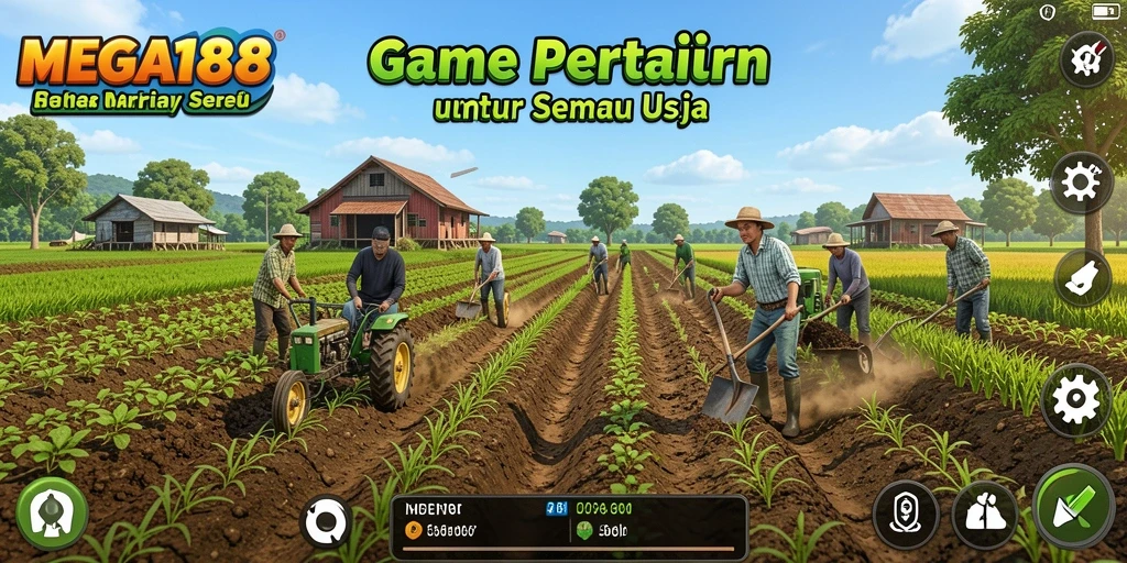 Screenshot menampilkan pemain sedang mengelola pertanian dengan tanaman hijau.