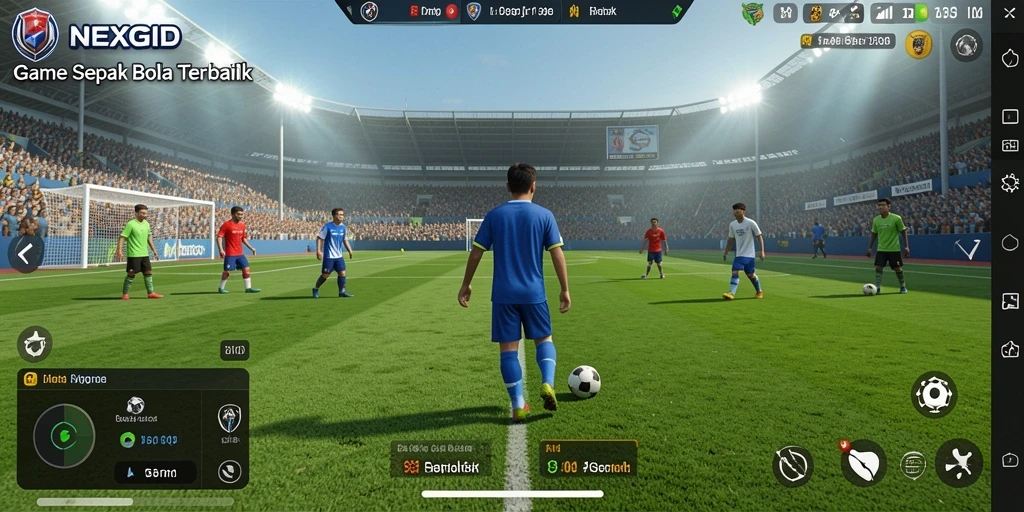 Gambaran layar utama NEXGID menampilkan aksi sepak bola yang mendebarkan.