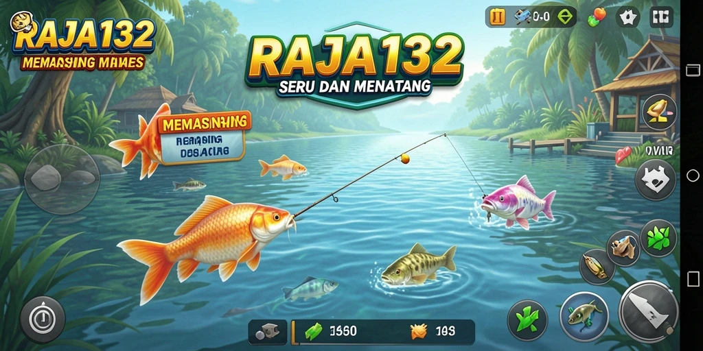 Screenshot gameplay RAJA132 menunjukkan aksi memancing yang seru.