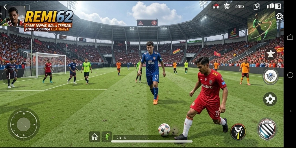 Tangkapan layar gameplay REMI62 menampilkan aksi seru di lapangan sepak bola.